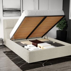 Pat Tapitat Galileo cu somiera rabatabila si lada de depozitare Alb – Coral 15 140×200