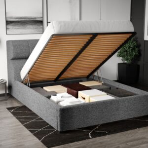 Pat Tapitat Galileo cu somiera rabatabila si lada de depozitare Gri – Coral 75 140×200