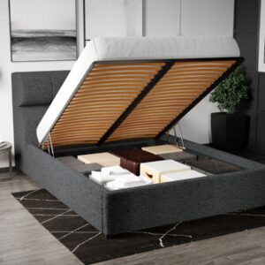 Pat Tapitat Galileo cu somiera rabatabila si lada de depozitare Gri Inchis – Coral 80 140×200