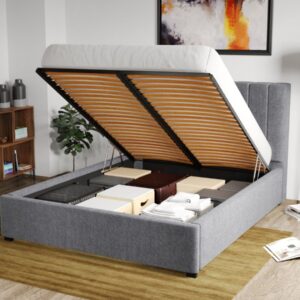 Pat Tapitat Adam cu somiera rabatabila si lada de depozitare Gri – Eden 18 140×200