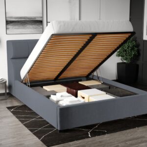 Pat Tapitat Galileo cu somiera rabatabila si lada de depozitare Albastru – Jasmine 90 140×200