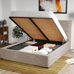 Pat Tapitat Adam cu somiera rabatabila si lada de depozitare Bej – Poso 02 140×200