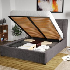 Pat Tapitat Adam cu somiera rabatabila si lada de depozitare Gri – Poso 22 140×200