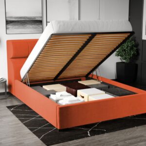 Pat Tapitat Galileo cu somiera rabatabila si lada de depozitare Portocaliu – Riviera 51 140×200