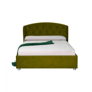 Pat tapitat ROUND, cu somiera rabatabila, spatiu depozitare, verde deschis, 160×200 cm