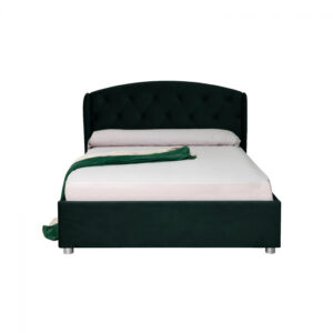 Pat tapitat ROUND, cu somiera rabatabila, spatiu depozitare, verde inchis, 180×200 cm