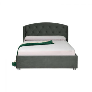 Pat tapitat ROUND, cu somiera rabatabila, spatiu depozitare, gri inchis, 160×200 cm