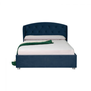 Pat tapitat ROUND, cu somiera rabatabila, spatiu depozitare, albastru marin, 160×200 cm