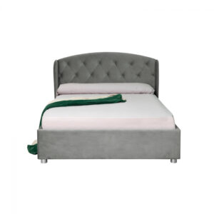 Pat tapitat ROUND, cu somiera rabatabila, spatiu depozitare, gri deschis, 180×200 cm