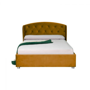 Pat tapitat ROUND, cu somiera rabatabila, spatiu depozitare, galben, 180×200 cm