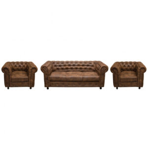 Set CHESTERFIELD 3-1-1, canapea extensibila 3 locuri si 2 fotolii fixe,maro