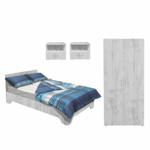 Set dormitor ALMA, 4 piese, pat 120×200 cm, dulap 2 usi, 2 noptiere, pin antichizat