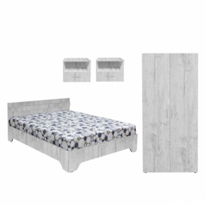 Set dormitor ALMA, 4 piese, pat 140×200 cm, dulap 2 usi, 2 noptiere, pin antichizat