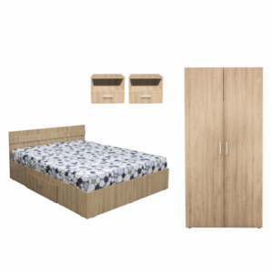 Set dormitor ALMA, 4 piese, pat 140×200 cm, dulap 2 usi, 2 noptiere, sonoma