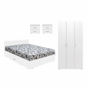 Set dormitor ALMA, 4 piese, pat 160×200 cm, dulap cu 3 usi, 2 noptiere, alb