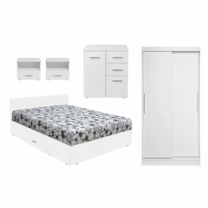 Set dormitor ALMA, 5 piese, pat 160×200 cm, dulap usi glisante, comoda, 2 noptiere, alb