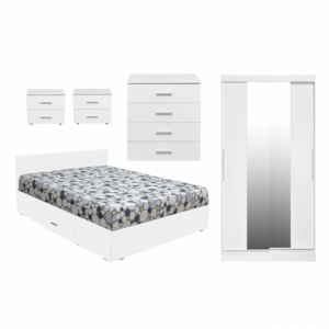 Set dormitor ALMA, 5 piese, pat 160×200 cm, dulap usi glisante cu oglinda, comoda, 2 noptiere, alb
