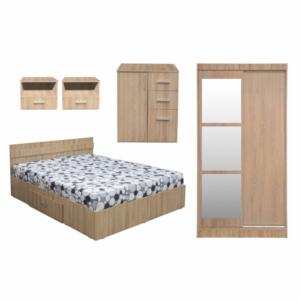 Set dormitor ALMA, 5 piese, pat 160×200 cm, dulap usi glisante cu oglinda, comoda, 2 noptiere, sonoma