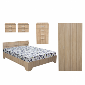 Set dormitor ALMA, 5 piese, pat 180×200 cm, dulap 4 usi, comoda, 2 noptiere, sonoma