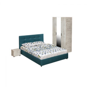 Set dormitor ECONO, 4 piese, pat 160×200 cm, dulap 3 usi, 2 noptiere, pin antichizat + turcoaz