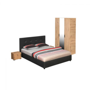 Set dormitor ECONO, 4 piese, pat 140×200 cm, dulap 3 usi, 2 noptiere, artisan + gri antracit
