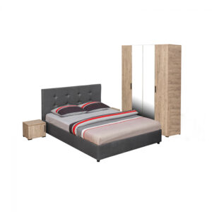 Set dormitor ECONO, 4 piese, pat 140×200 cm, dulap 4 usi, 2 noptiere, sherwood + gri
