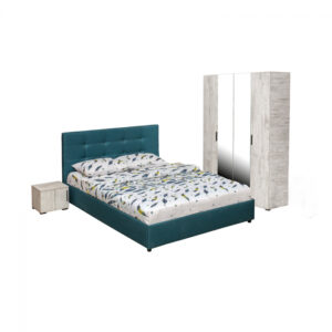 Set dormitor ECONO, 4 piese, pat 160×200 cm, dulap 4 usi, 2 noptiere, pin antichizat + turcoaz