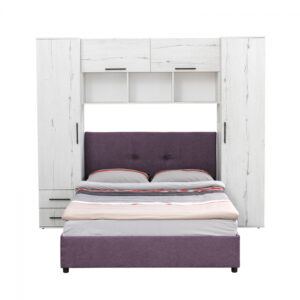 Set dormitor tineret YASMIN M1, 3 corpuri, alb Elvetia, 238x50x200 cm + Pat tapitat ECONO I, mov deschis, 140×200 cm