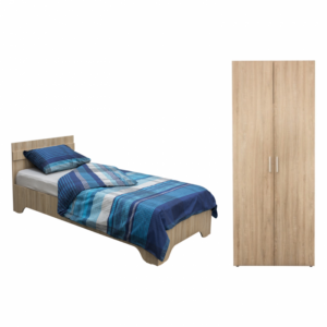 Set dulap ALMA 2 usi, 5 rafturi, sonoma, 80x52x203 cm si pat ALMA cu picioare, 90×200 cm, sonoma deschis