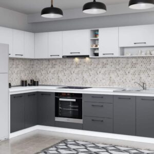 Set Mobila Bucatarie Colt Mina Dual 140*300 Gri Antracit/Alb C115