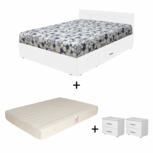 Set Pat Alma, cu sertar, alb + Saltea superortopedica, 160×200 cm + 2 Noptiere ALMA, 2 sertare