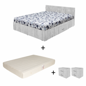 Set Pat Alma, cu sertar, pin antichizat + Saltea superortopedica, 160×200 cm + Noptiera ALMA, 2 sertare