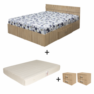 Set Pat Alma, cu sertar, sonoma deschis + Saltea superortopedica, 160×200 cm + 2 Noptiere ALMA, 2 sertare