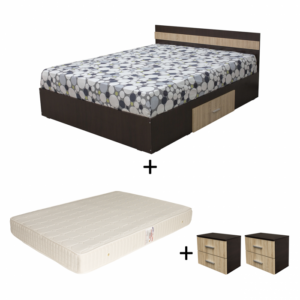Set Pat Alma, cu sertar, sonoma inchis + deschis + Saltea superortopedica, 160×200 cm + 2 Noptiere ALMA, 2 sertare
