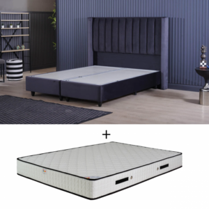 Set Pat tapitat BLACK, 160×200 cm, lada depozitare, negru + Saltea LATEX 160×200 cm, H 28 cm, spuma