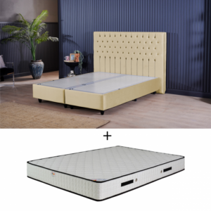 Set Pat tapitat CAMEL, 160×200 cm, lada depozitare, bej deschis + Saltea LATEX 160×200 cm, H 28 cm, spuma