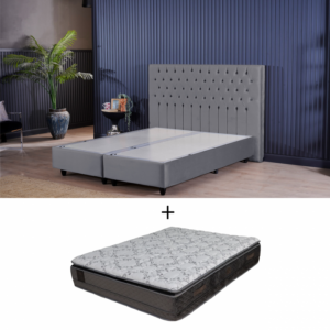 Set Pat tapitat CAMEL, 160×200 cm, lada depozitare, gri deschis + Saltea Pocket Premium cu Memory RAISA cu arcuri, 160×200, H 33 cm