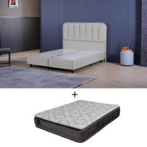 Set Pat tapitat LAPIS 160×200 cm cu lada depozitare, gri deschis + Saltea Pocket Premium cu Memory RAISA cu arcuri, 160×200, H 33 cm