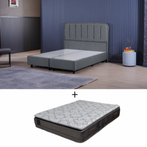 Set Pat tapitat LAPIS 160×200 cm cu lada depozitare, gri inchis + Saltea Pocket Premium cu Memory RAISA cu arcuri, 160×200, H 33 cm