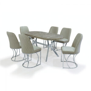 Set TIMARA, masa cu 6 scaune, ovala, 6 persoane, marmura alanya + argintiu + bej, 160×80 cm
