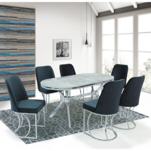 Set TIMARA, masa cu 6 scaune, ovala, 6 persoane, marmura bermuda + argintiu + gri, 160×80 cm