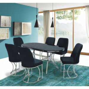 Set TIMARA, masa cu 6 scaune, ovala, 6 persoane, marmura lotus + argintiu + negru, 160×80 cm