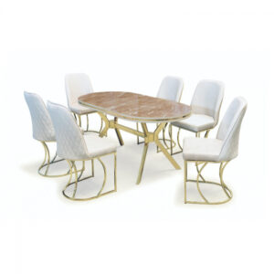 Set TIMARA, masa cu 6 scaune, ovala, 6 persoane, marmura + auriu + crem, 160×80 cm