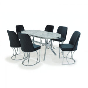 Set TIMARA, masa cu 6 scaune, ovala, 6 persoane, marmura carrara+ argintiu + gri, 160×80 cm