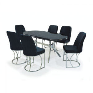 Set TIMARA, masa cu 6 scaune, ovala, 6 persoane, marmura cosmos + auriu + negru, 160×80 cm