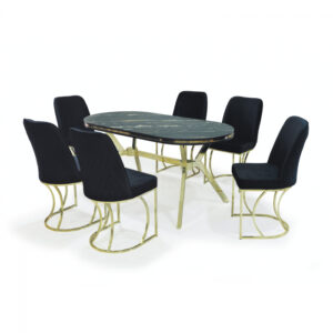 Set TIMARA, masa cu 6 scaune, ovala, 6 persoane, marmura luanda + auriu + negru, 160×80 cm