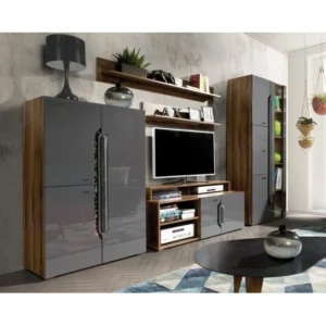 Living DAVOS Z.A.,6 corpuri, cu lumini LED si soft close, corp PAL nuc inchis, fronturi MDF gri, 310x196x58 cm
