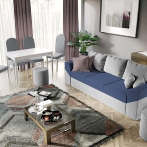 Pachet Mobila Canapea Cali Gri / Petrol + Masa Grand Alba + 4 Scaune Grand Gri Deschis