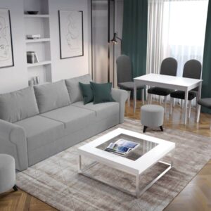 Pachet Mobila Canapea Maroc Gri Deschis + Masa Grand Alba + 4 Scaune Grand Gri Inchis