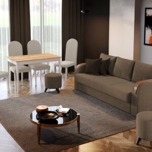 Pachet Mobila Canapea Morelia Cappuccino + Masa Grand Stejar Auriu + 4 Scaune Grand Crem